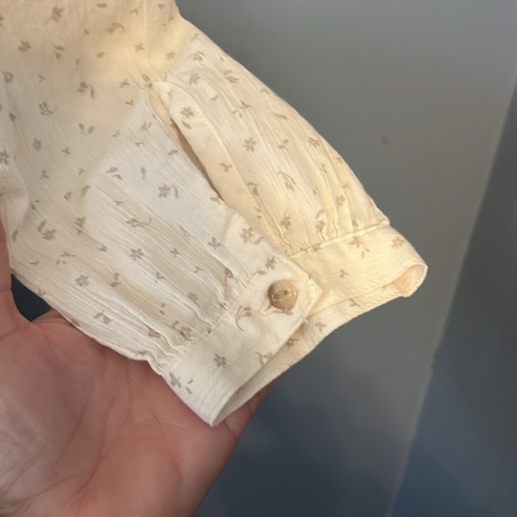 LL Bean Cream Floral Peasant Pleated Bib Tie Collar Blouse Long sleeve Cotton L - Picture 6 of 13